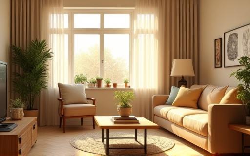Clean and tidy living room with sunlight streaming in