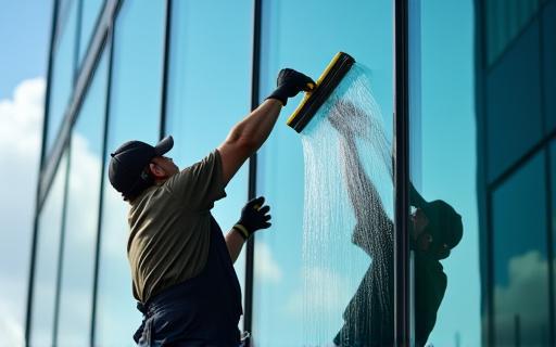 Window cleaner cleaning a large office building window from outside
