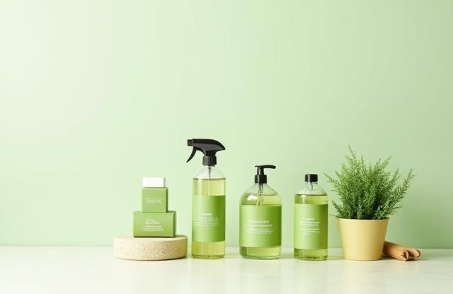 Eco-friendly cleaning products and plant on a counter surface